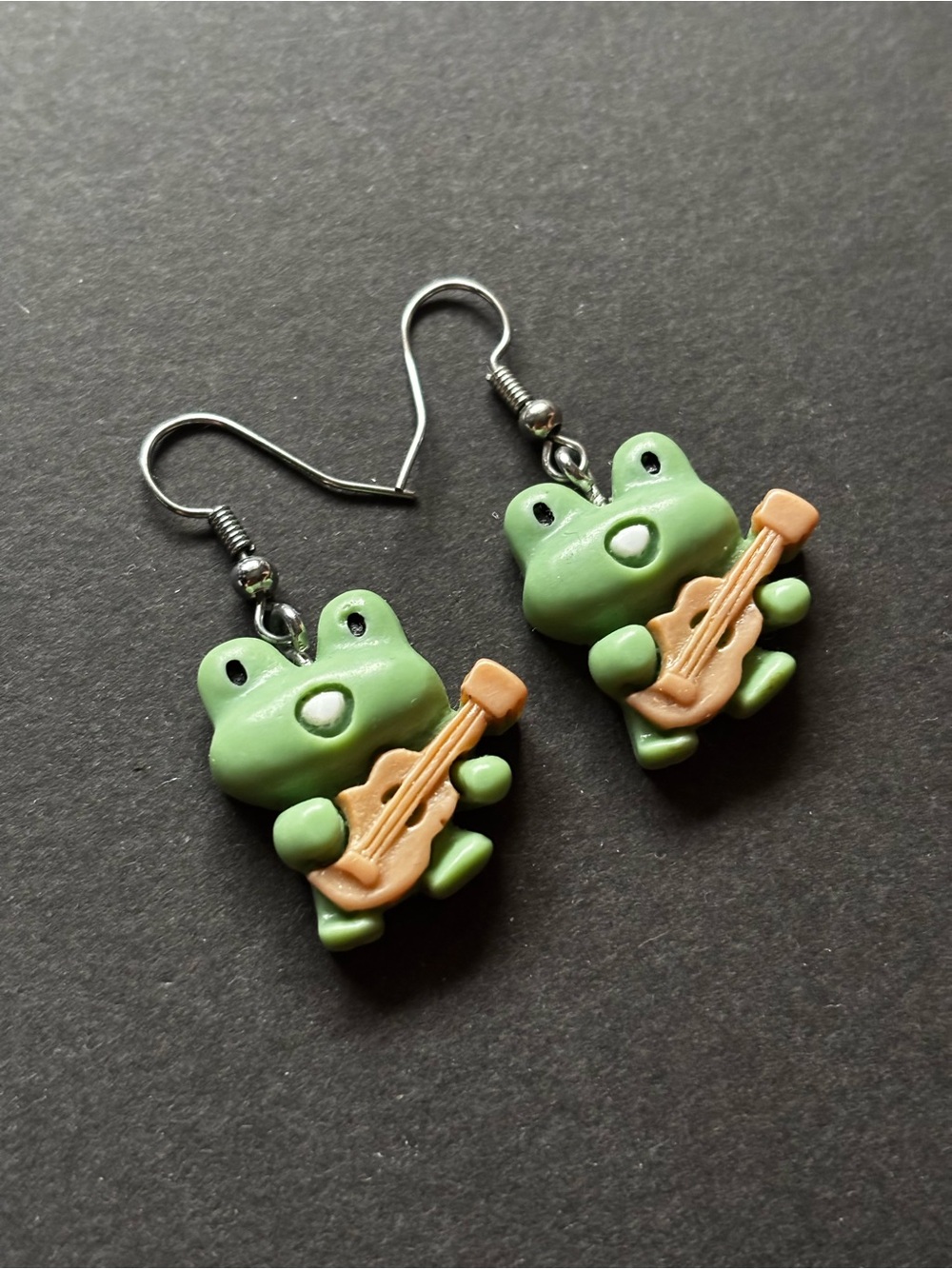 Green Frog Guitar Dangle Earrings | Cute Kawaii Kids